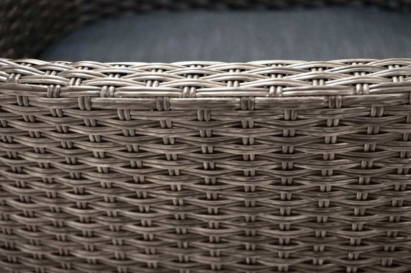 OUTFLEXX Rocking Balkon-Set, grau/braun-meliert, Polyrattan, Tisch 90x90 cm, 2 Stapelsessel, Glasplatte in Steinoptik