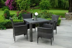 OUTFLEXX Rocking Balkon-Set, grau/braun-meliert, Polyrattan, Tisch 90x90 cm, 2 Stapelsessel, Glasplatte in Steinoptik
