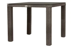 OUTFLEXX Rocking Balkon-Set, grau/braun-meliert, Polyrattan, Tisch 90x90 cm, 2 Stapelsessel, Glasplatte in Steinoptik