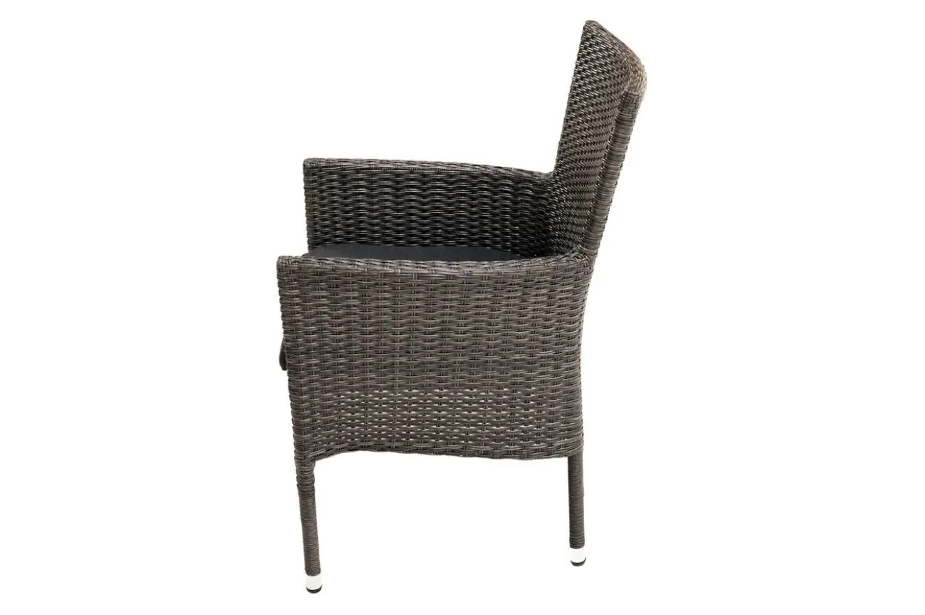 OUTFLEXX Rocking Balkon-Set, grau/braun-meliert, Polyrattan, Tisch 90x90 cm, 2 Stapelsessel, Glasplatte in Steinoptik