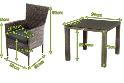 OUTFLEXX Rocking Balkon-Set, grau/braun-meliert, Polyrattan, Tisch 90x90 cm, 2 Stapelsessel, Glasplatte in Steinoptik