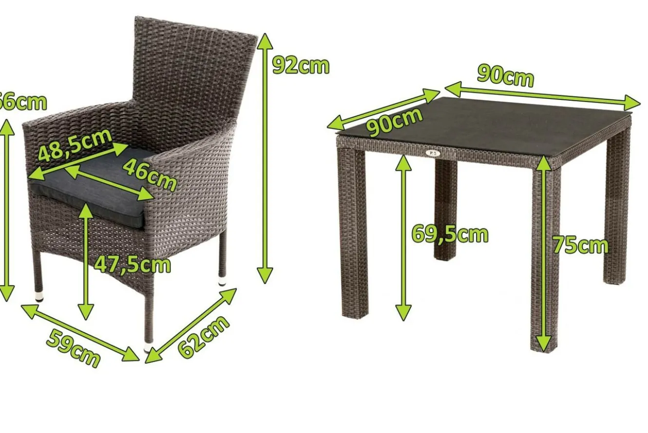 OUTFLEXX Rocking Balkon-Set, grau/braun-meliert, Polyrattan, Tisch 90x90 cm, 2 Stapelsessel, Glasplatte in Steinoptik