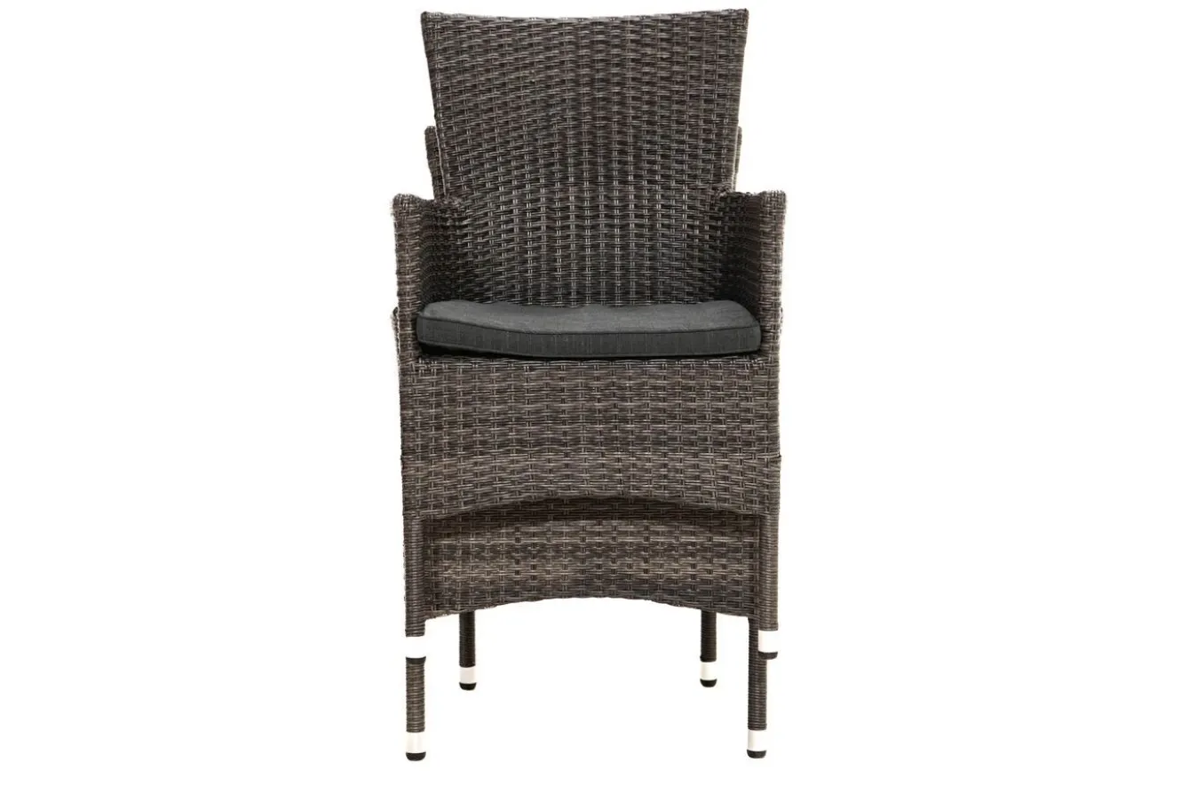 OUTFLEXX Rocking Balkon-Set, grau/braun-meliert, Polyrattan, Tisch 90x90 cm, 2 Stapelsessel, Glasplatte in Steinoptik