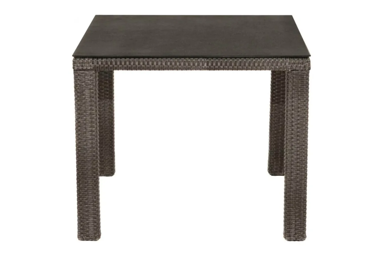 OUTFLEXX Rocking Balkon-Set, grau/braun-meliert, Polyrattan, Tisch 90x90 cm, 2 Stapelsessel, Glasplatte in Steinoptik