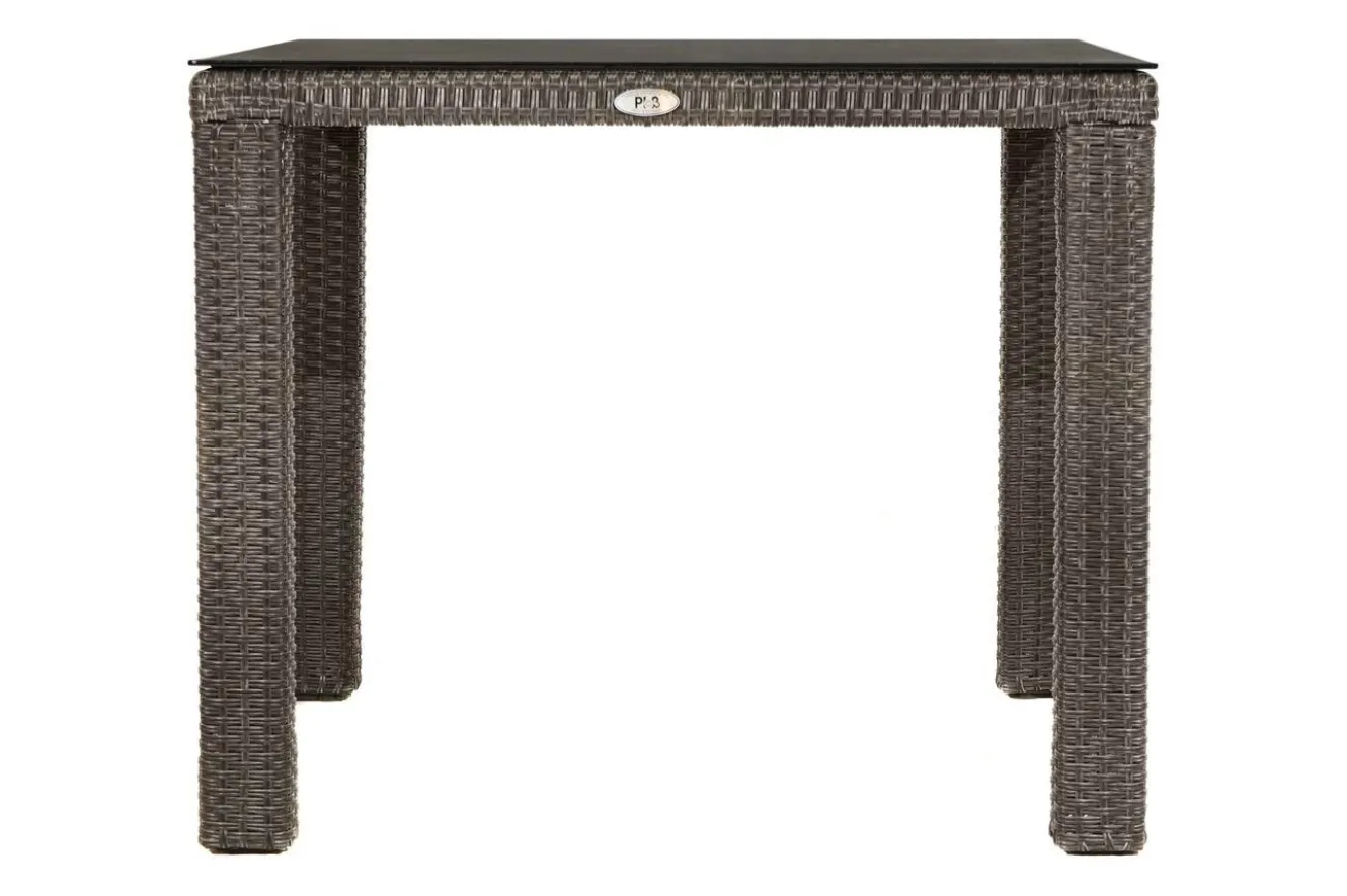 OUTFLEXX Rocking Balkon-Set, grau/braun-meliert, Polyrattan, Tisch 90x90 cm, 2 Stapelsessel, Glasplatte in Steinoptik