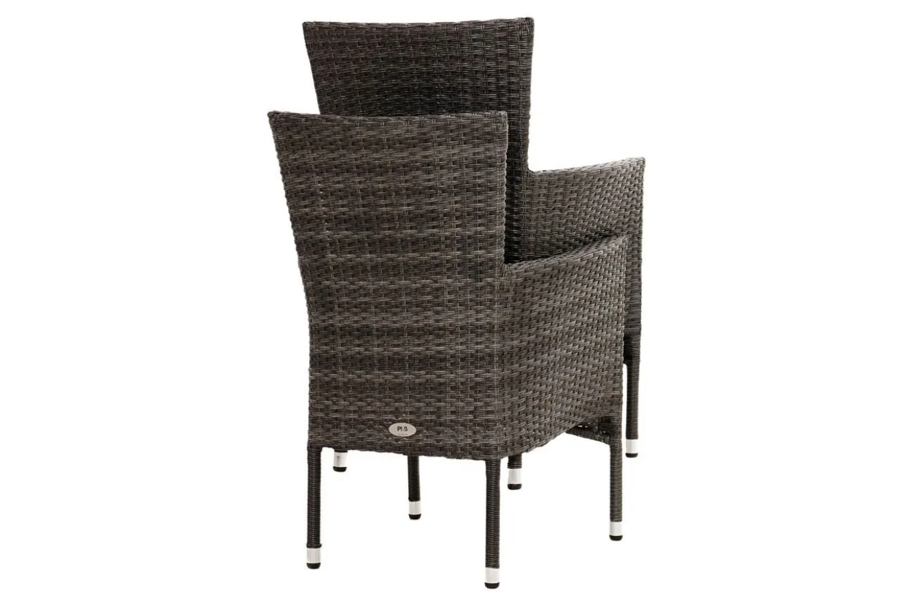 OUTFLEXX Rocking Balkon-Set, grau/braun-meliert, Polyrattan, Tisch 90x90 cm, 2 Stapelsessel, Glasplatte in Steinoptik