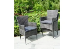 OUTFLEXX Rocking Balkon-Set, grau/braun-meliert, Polyrattan, Tisch 90x90 cm, 2 Stapelsessel, Glasplatte in Steinoptik