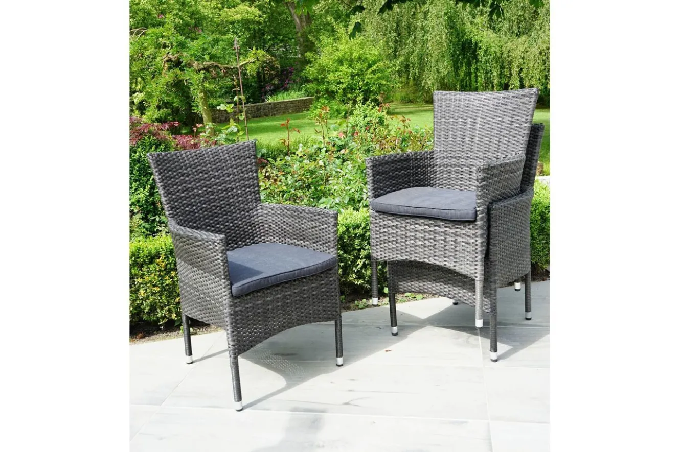 OUTFLEXX Rocking Balkon-Set, grau/braun-meliert, Polyrattan, Tisch 90x90 cm, 2 Stapelsessel, Glasplatte in Steinoptik