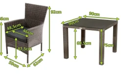 OUTFLEXX Rocking Balkon-Set, grau/braun-meliert, Polyrattan, Tisch 90x90 cm, 2 Stapelsessel, Glasplatte in Steinoptik