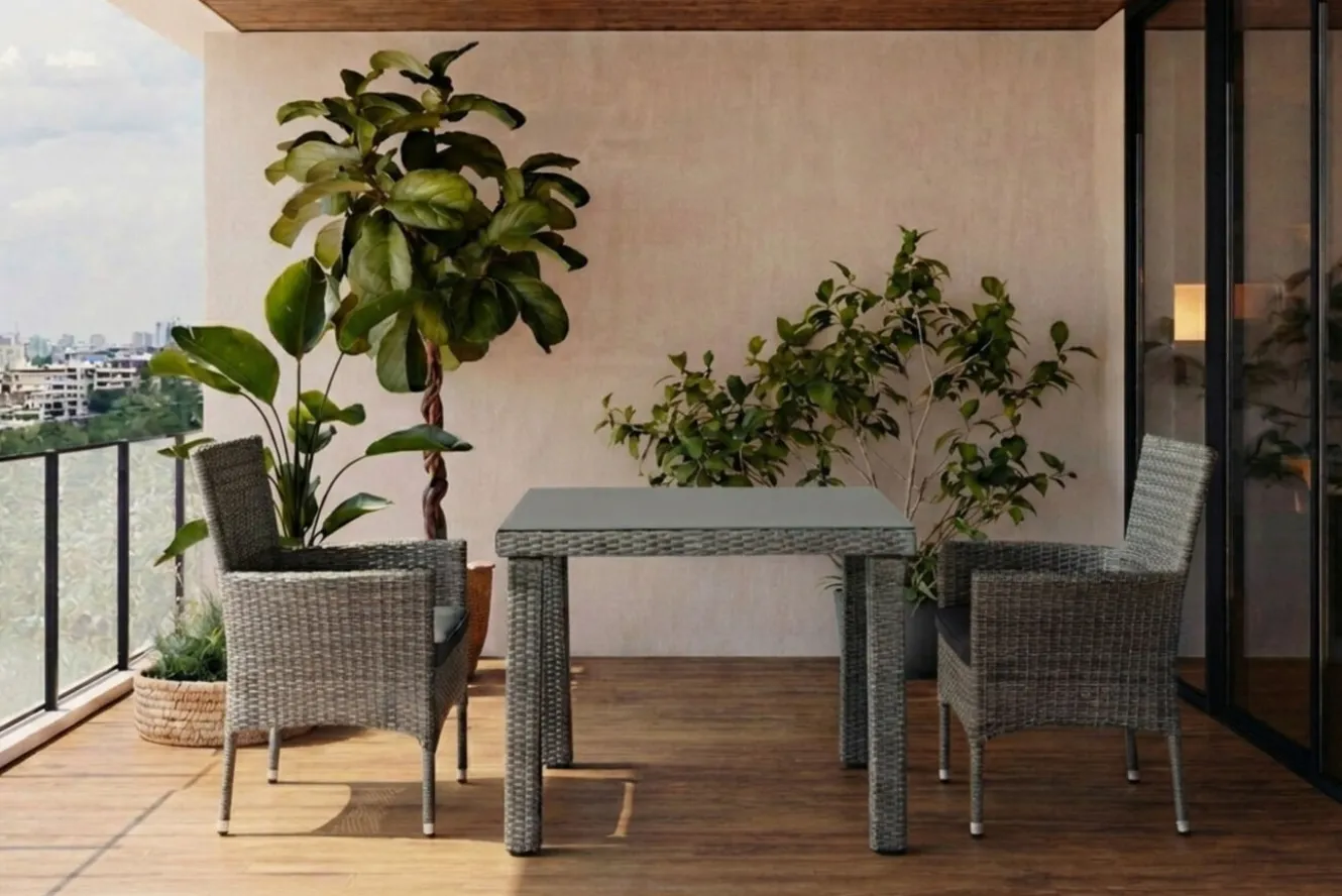 OUTFLEXX Rocking Balkon-Set, grau/braun-meliert, Polyrattan, Tisch 90x90 cm, 2 Stapelsessel, Glasplatte in Steinoptik