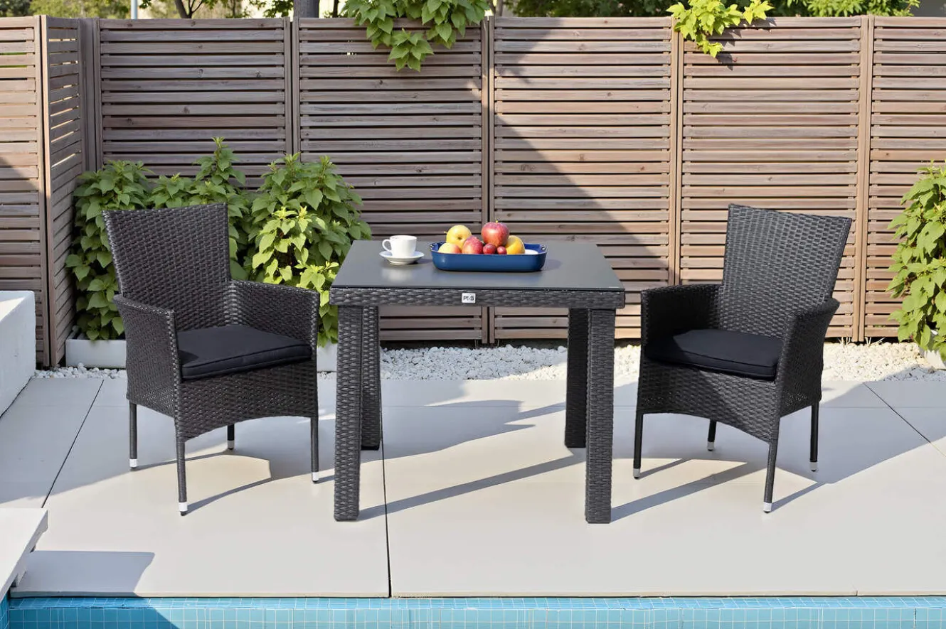 OUTFLEXX Rocking Balkon-Set, grau/braun-meliert, Polyrattan, Tisch 90x90 cm, 2 Stapelsessel, Glasplatte in Steinoptik