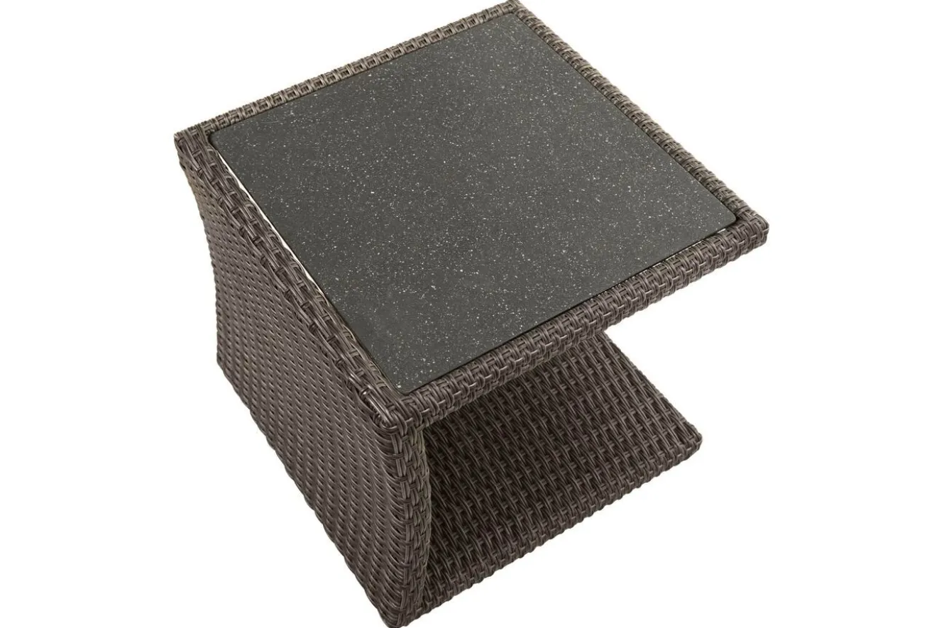 OUTFLEXX Rocking Beistelltisch, grau/braun-meliert, Polyrattan, 50x45x50 cm, Glasplatte in Steinoptik
