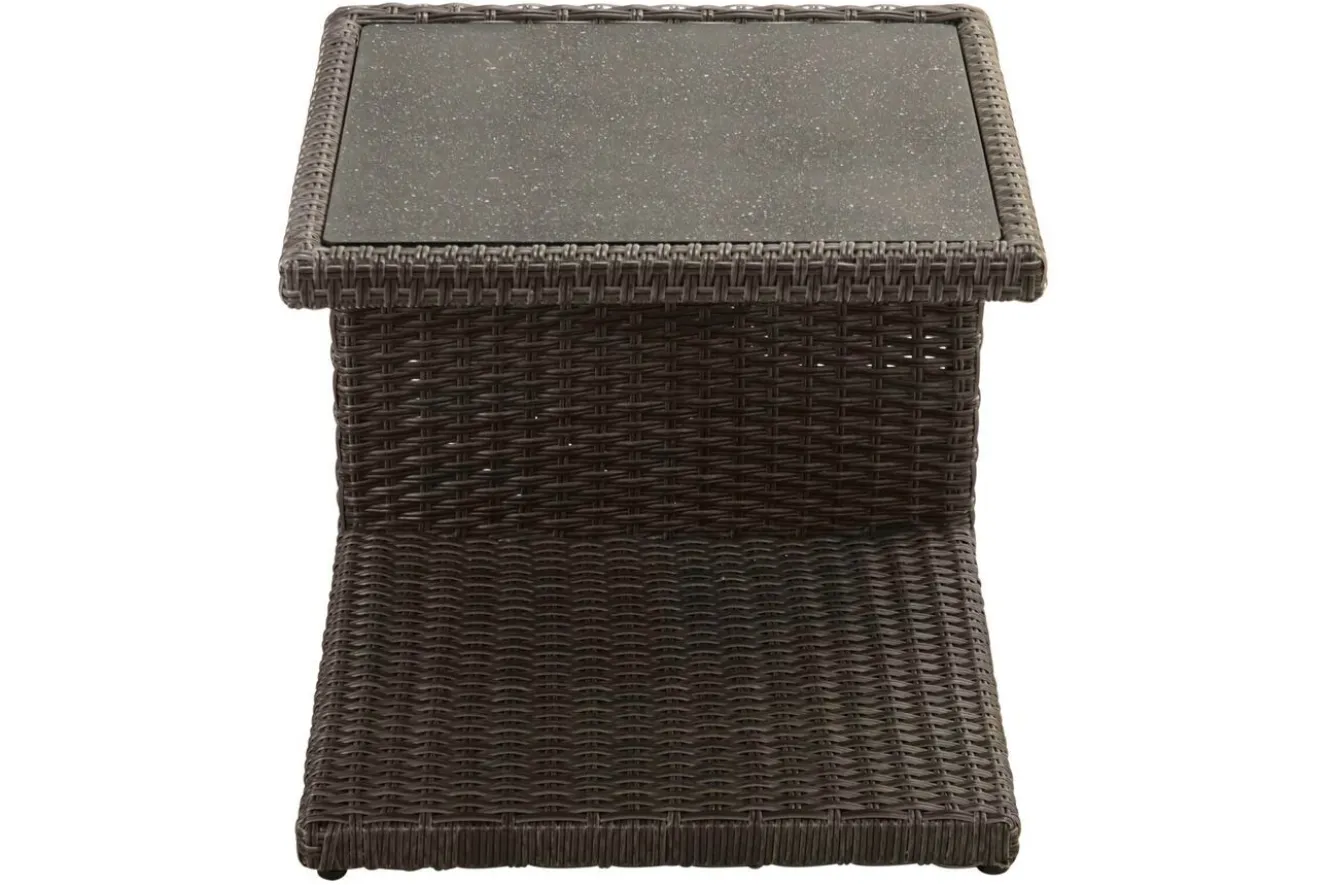 OUTFLEXX Rocking Beistelltisch, grau/braun-meliert, Polyrattan, 50x45x50 cm, Glasplatte in Steinoptik