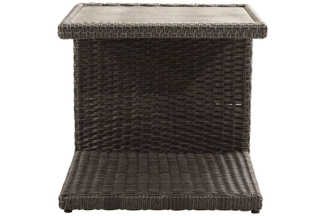 OUTFLEXX Rocking Beistelltisch, grau/braun-meliert, Polyrattan, 50x45x50 cm, Glasplatte in Steinoptik