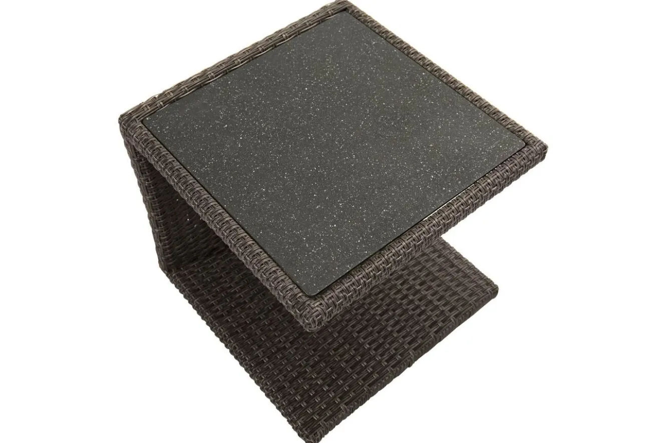 OUTFLEXX Rocking Beistelltisch, grau/braun-meliert, Polyrattan, 50x45x50 cm, Glasplatte in Steinoptik