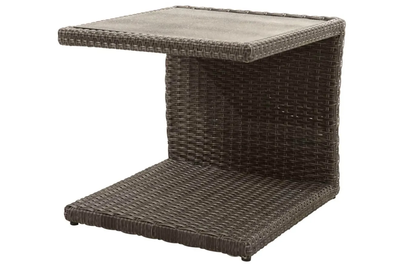 OUTFLEXX Rocking Beistelltisch, grau/braun-meliert, Polyrattan, 50x45x50 cm, Glasplatte in Steinoptik