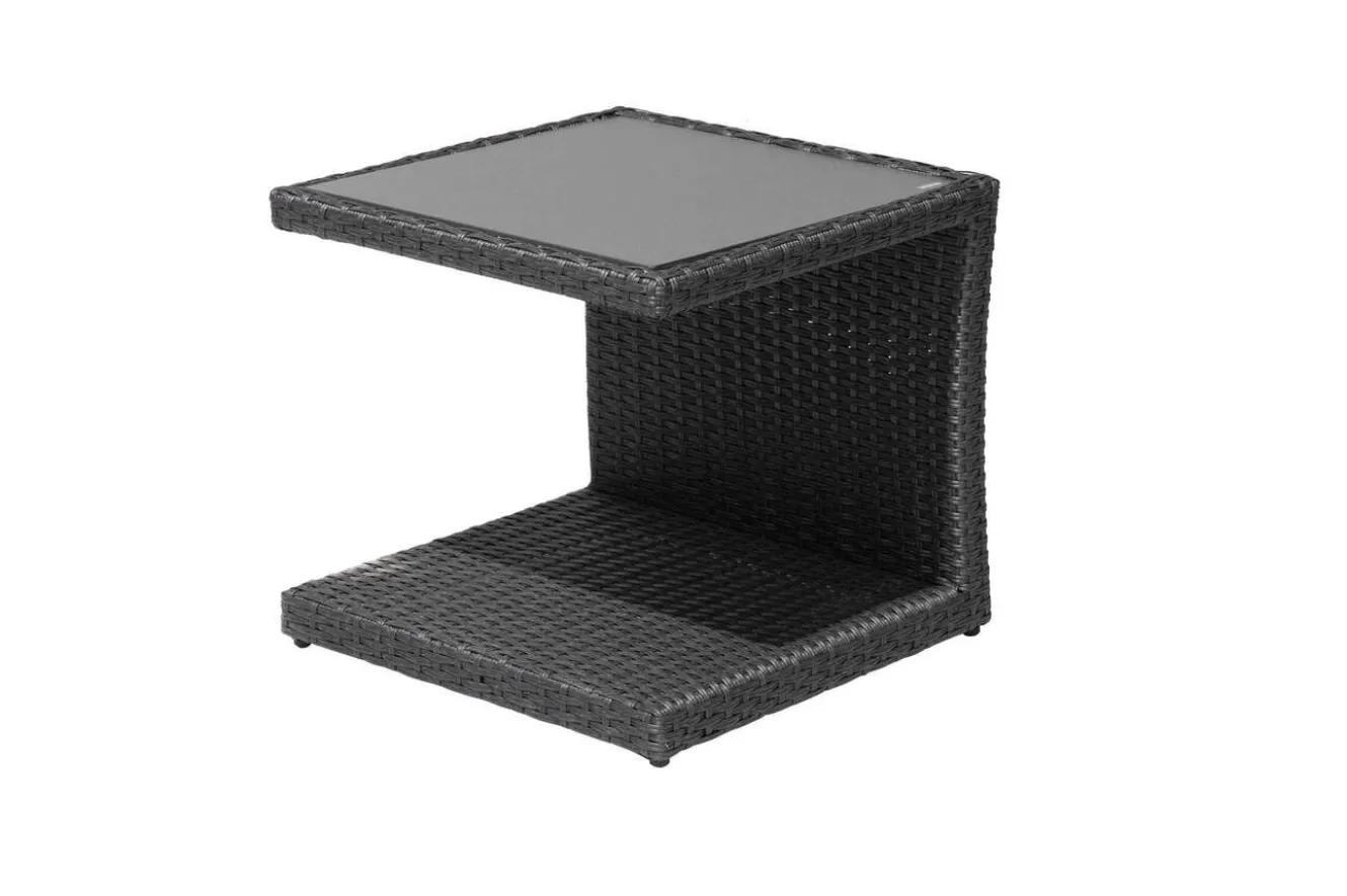 OUTFLEXX Rocking Beistelltisch, grau/braun-meliert, Polyrattan, 50x45x50 cm, Glasplatte in Steinoptik