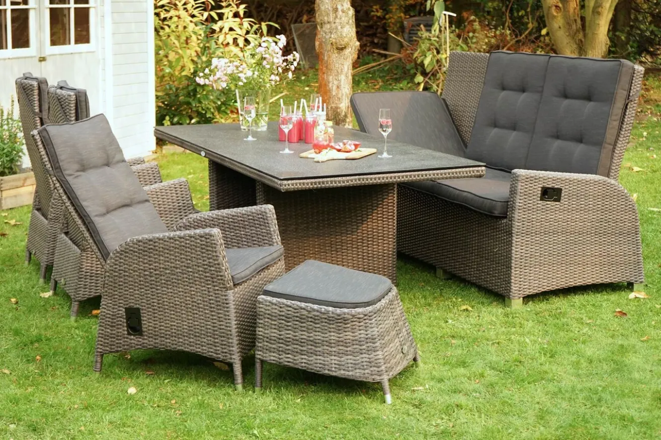 OUTFLEXX Rocking Comfort Garten-Essgruppe, grau/braun-meliert, Polyrattan, Tisch 220 x 100 cm, 6-7 Personen