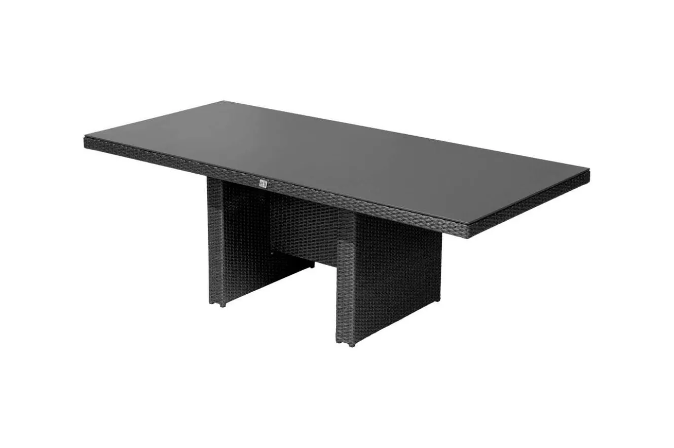 OUTFLEXX Rocking Dining Tisch, grau/braun-meliert, Polyrattan, 220 x 100 cm, Glasplatte in Steinoptik