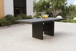 OUTFLEXX Rocking Dining Tisch, grau/braun-meliert, Polyrattan, 220 x 100 cm, Glasplatte in Steinoptik