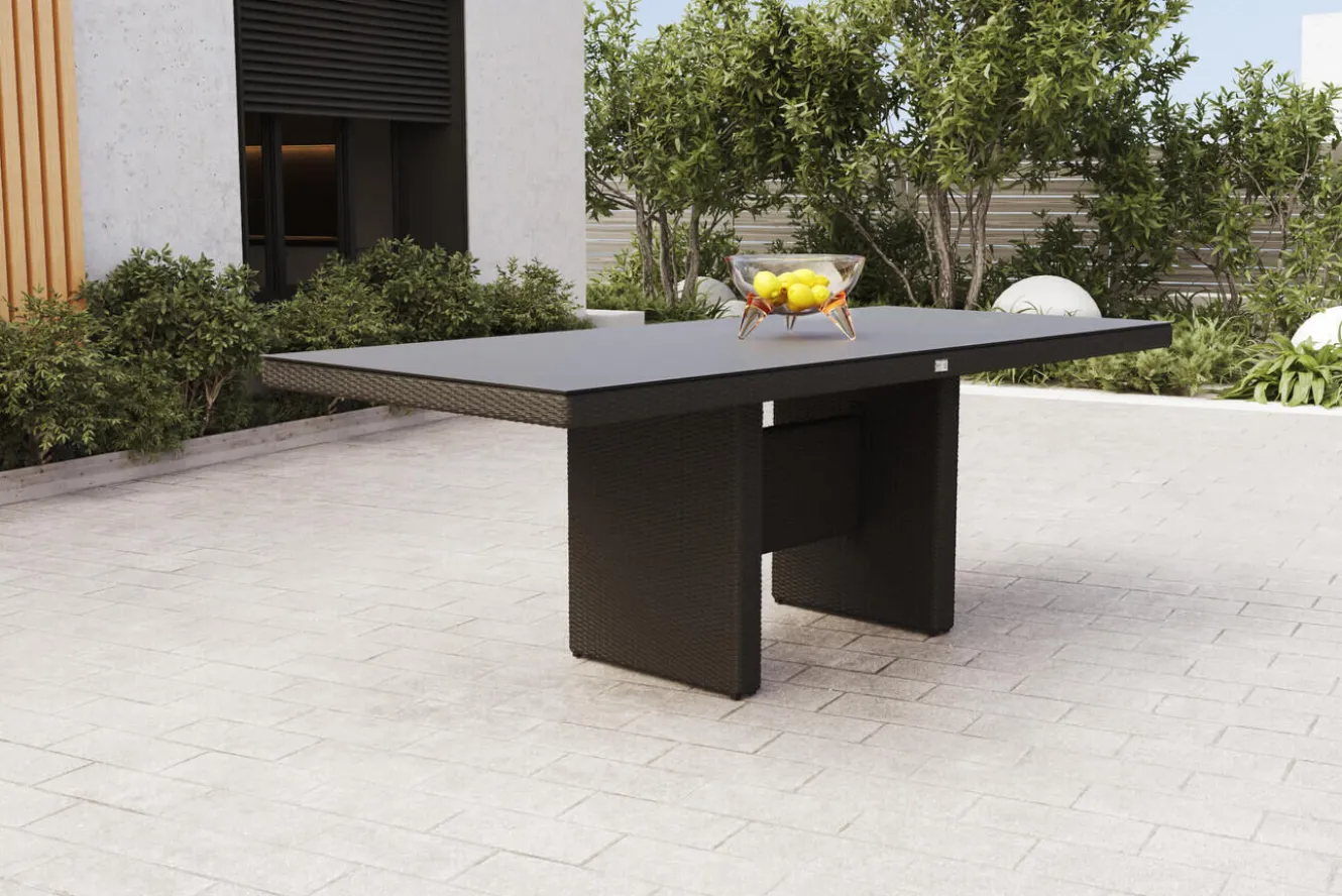 OUTFLEXX Rocking Dining Tisch, grau/braun-meliert, Polyrattan, 220 x 100 cm, Glasplatte in Steinoptik