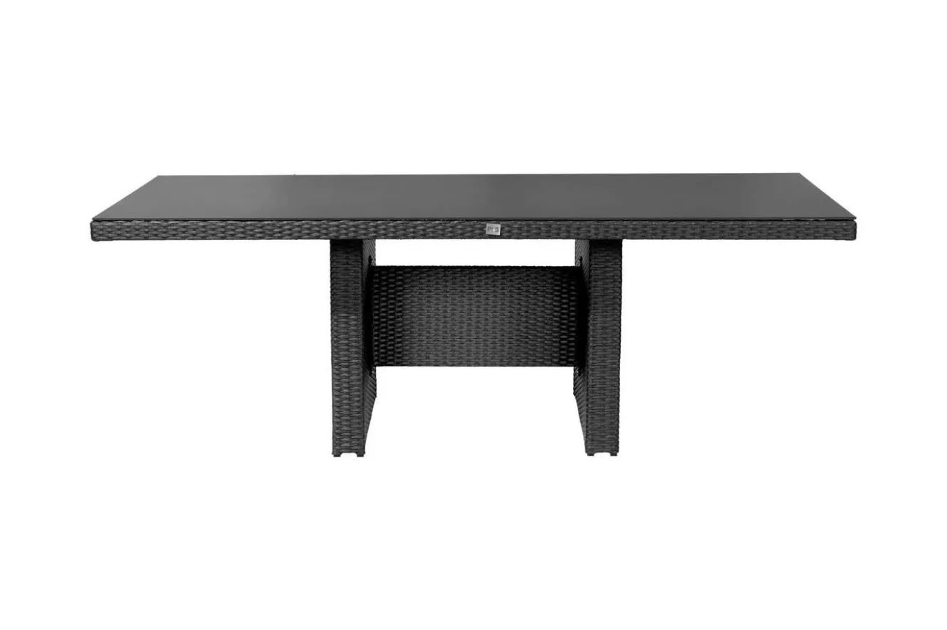 OUTFLEXX Rocking Dining Tisch, grau/braun-meliert, Polyrattan, 220 x 100 cm, Glasplatte in Steinoptik