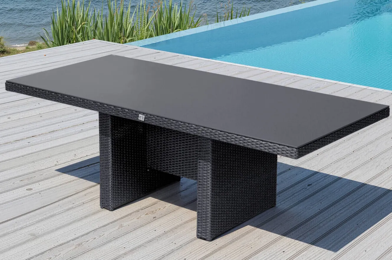 OUTFLEXX Rocking Dining Tisch, grau/braun-meliert, Polyrattan, 220 x 100 cm, Glasplatte in Steinoptik