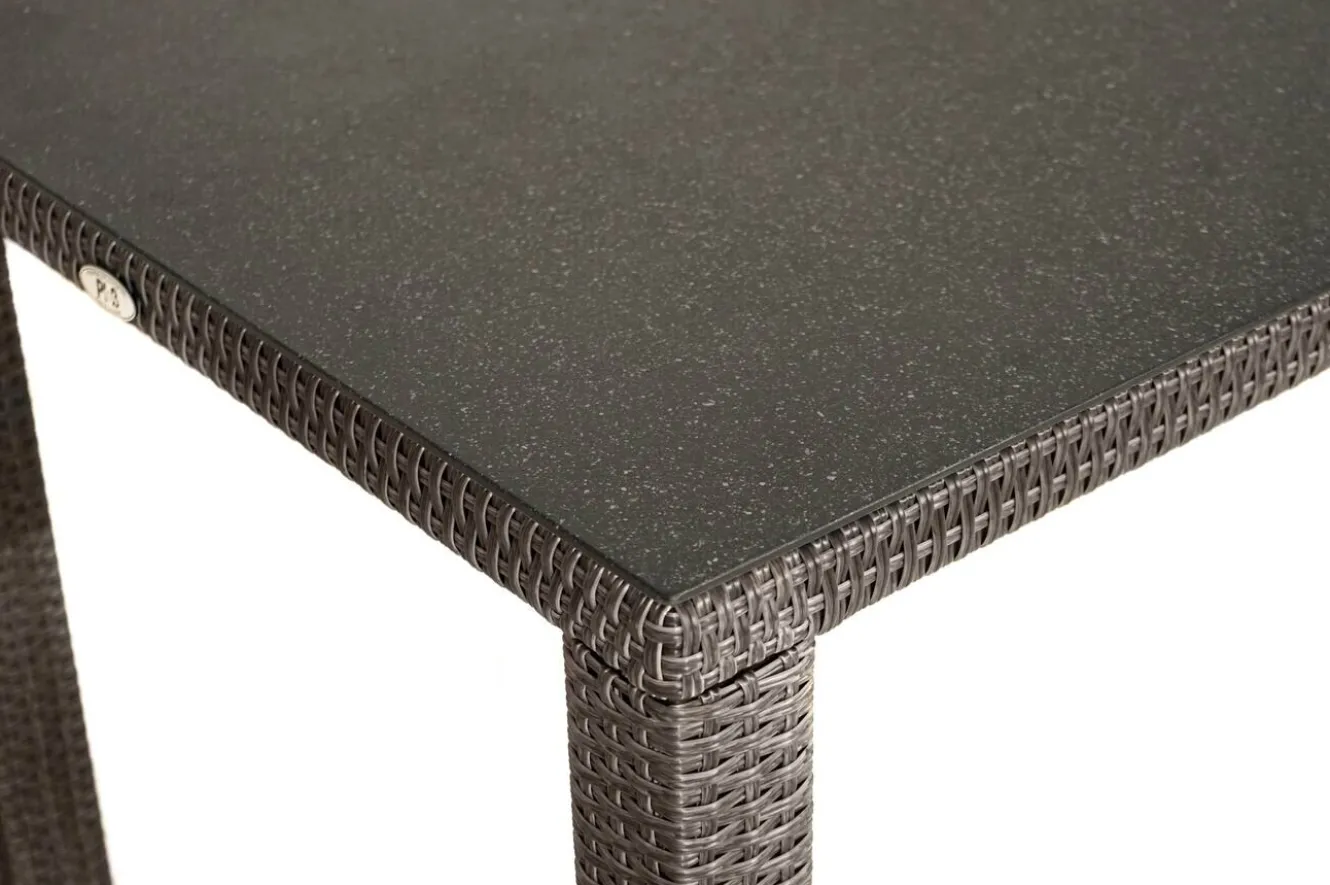 OUTFLEXX Rocking Garten-Essgruppe, grau/braun-meliert, Polyrattan, Tisch 90 x 90 cm, 4 Stapelstühle, Glasplatte in Steinoptik