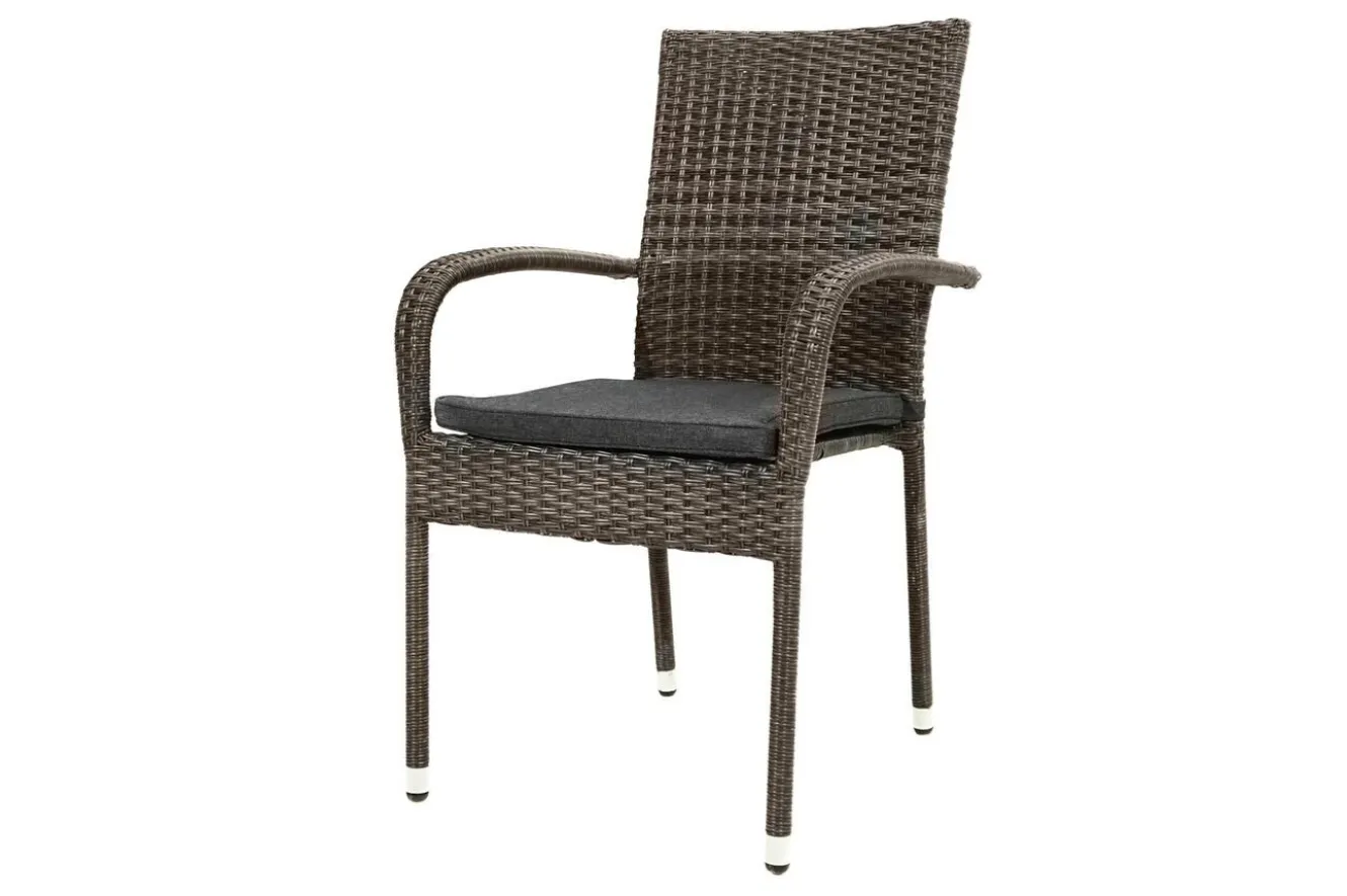 OUTFLEXX Rocking Garten-Essgruppe, grau/braun-meliert, Polyrattan, Tisch 90 x 90 cm, 4 Stapelstühle, Glasplatte in Steinoptik