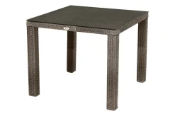 OUTFLEXX Rocking Garten-Essgruppe, grau/braun-meliert, Polyrattan, Tisch 90 x 90 cm, 4 Stapelstühle, Glasplatte in Steinoptik