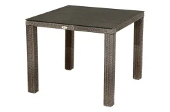 OUTFLEXX Rocking Garten-Essgruppe, grau/braun-meliert, Polyrattan, Tisch 90 x 90 cm, 4 Stapelsessel, Glasplatte in Steinoptik