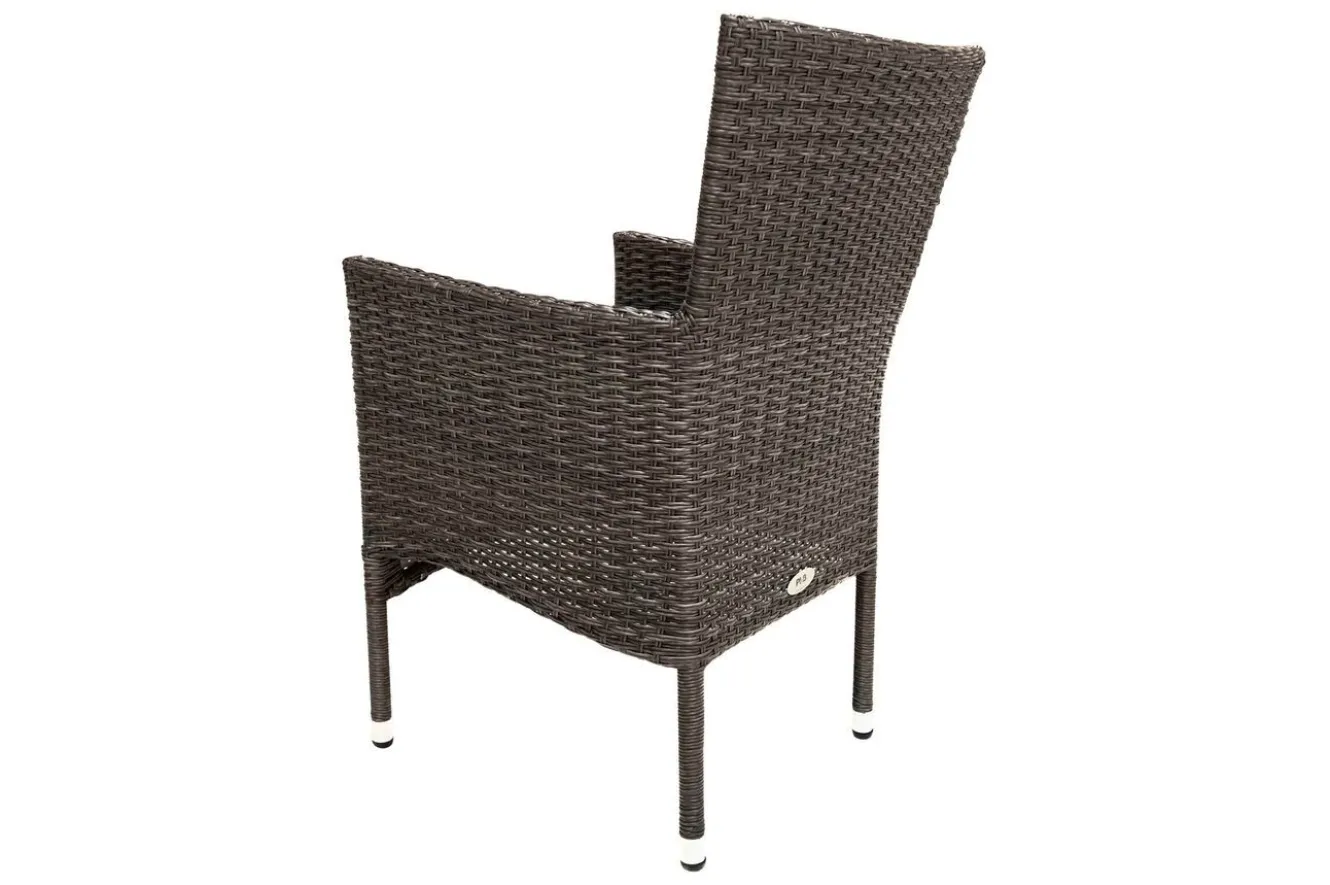 OUTFLEXX Rocking Garten-Essgruppe, grau/braun-meliert, Polyrattan, Tisch 90 x 90 cm, 4 Stapelsessel, Glasplatte in Steinoptik