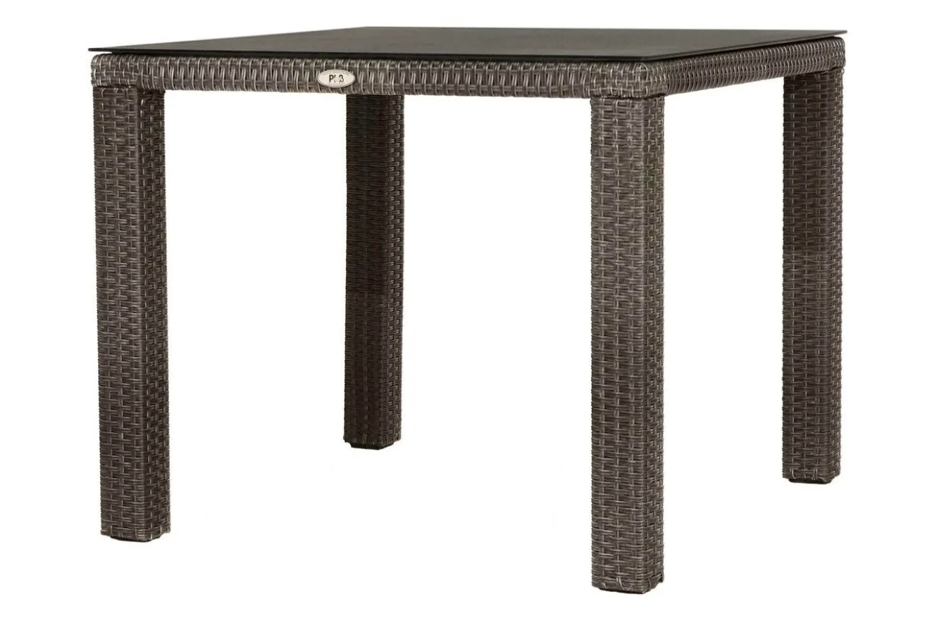 OUTFLEXX Rocking Garten-Essgruppe, grau/braun-meliert, Polyrattan, Tisch 90 x 90 cm, 4 Stapelsessel, Glasplatte in Steinoptik