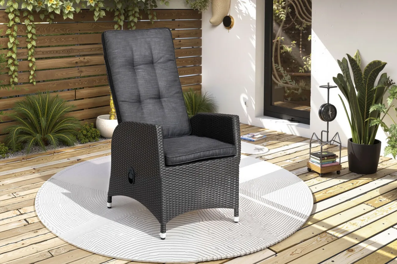 OUTFLEXX Rocking Garten-Essgruppe, grau/schwarz, Polyrattan, Tisch 220 x 100 cm, 6 Sessel