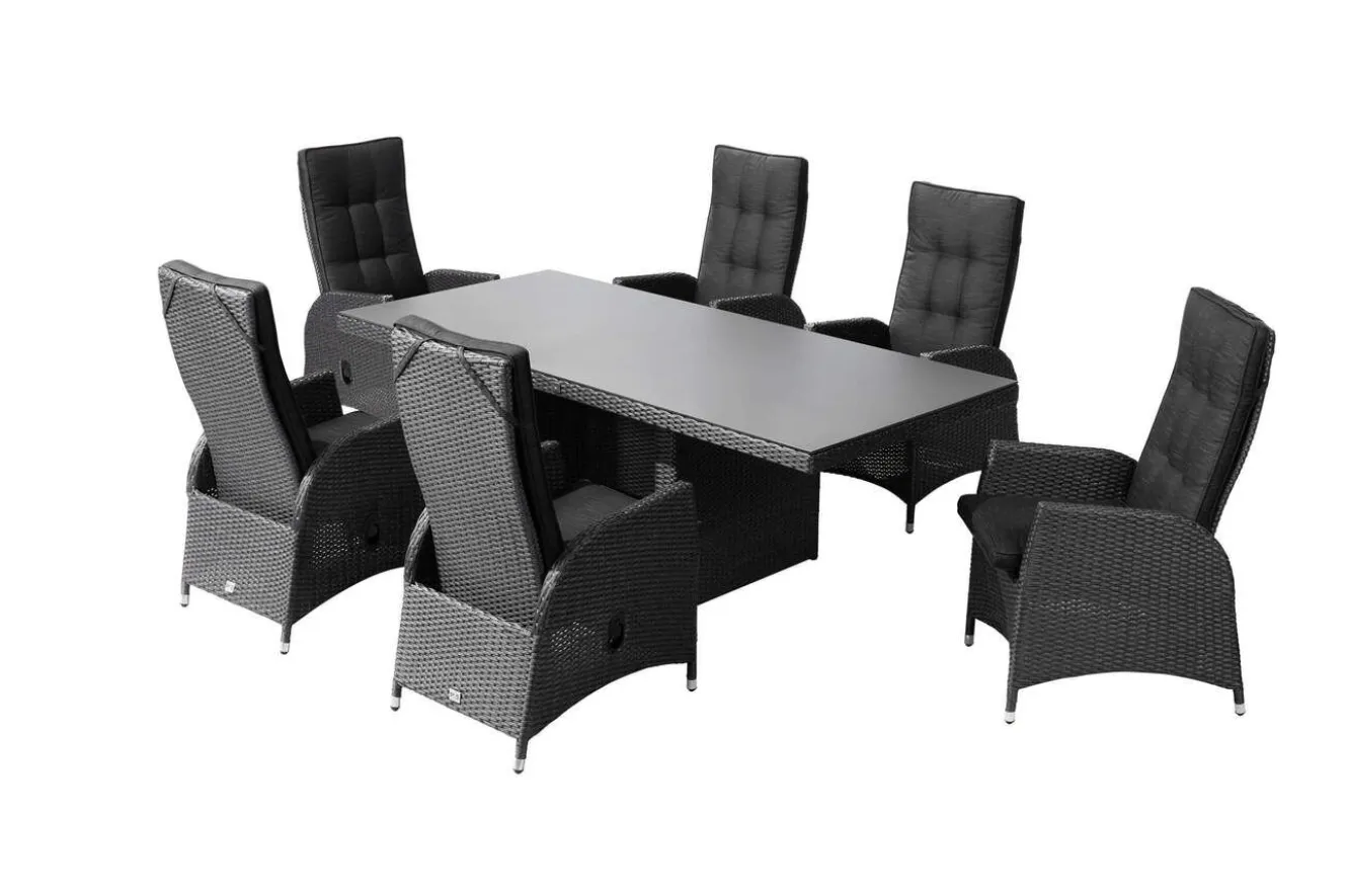 OUTFLEXX Rocking Garten-Essgruppe, grau/schwarz, Polyrattan, Tisch 220 x 100 cm, 6 Sessel