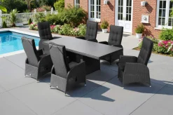 OUTFLEXX Rocking Garten-Essgruppe, grau/schwarz, Polyrattan, Tisch 220 x 100 cm, 6 Sessel