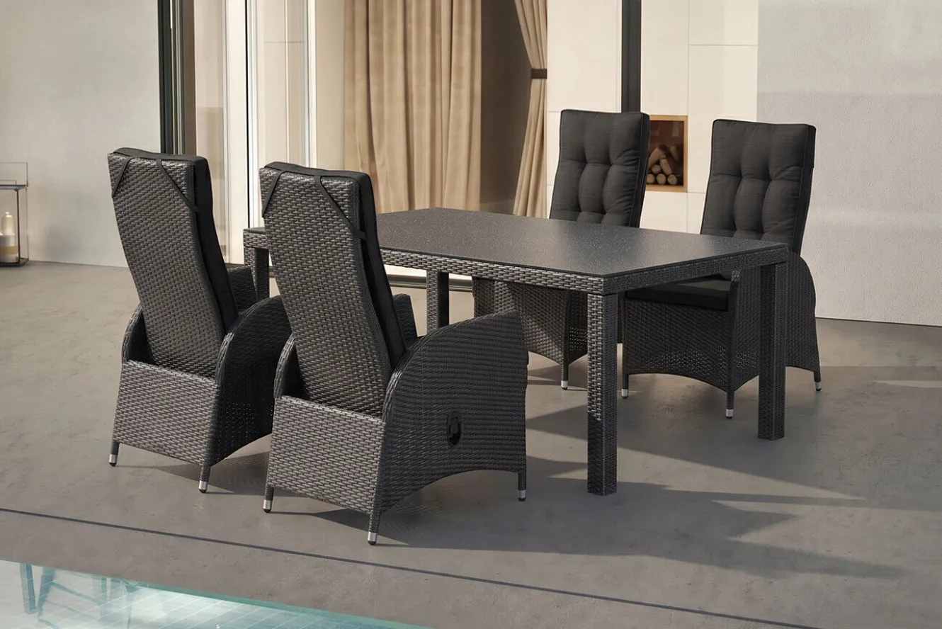 OUTFLEXX Rocking Garten-Essgruppe, grau/braun-meliert, Polyrattan, Tisch 180 x 110 cm, 4 Sessel