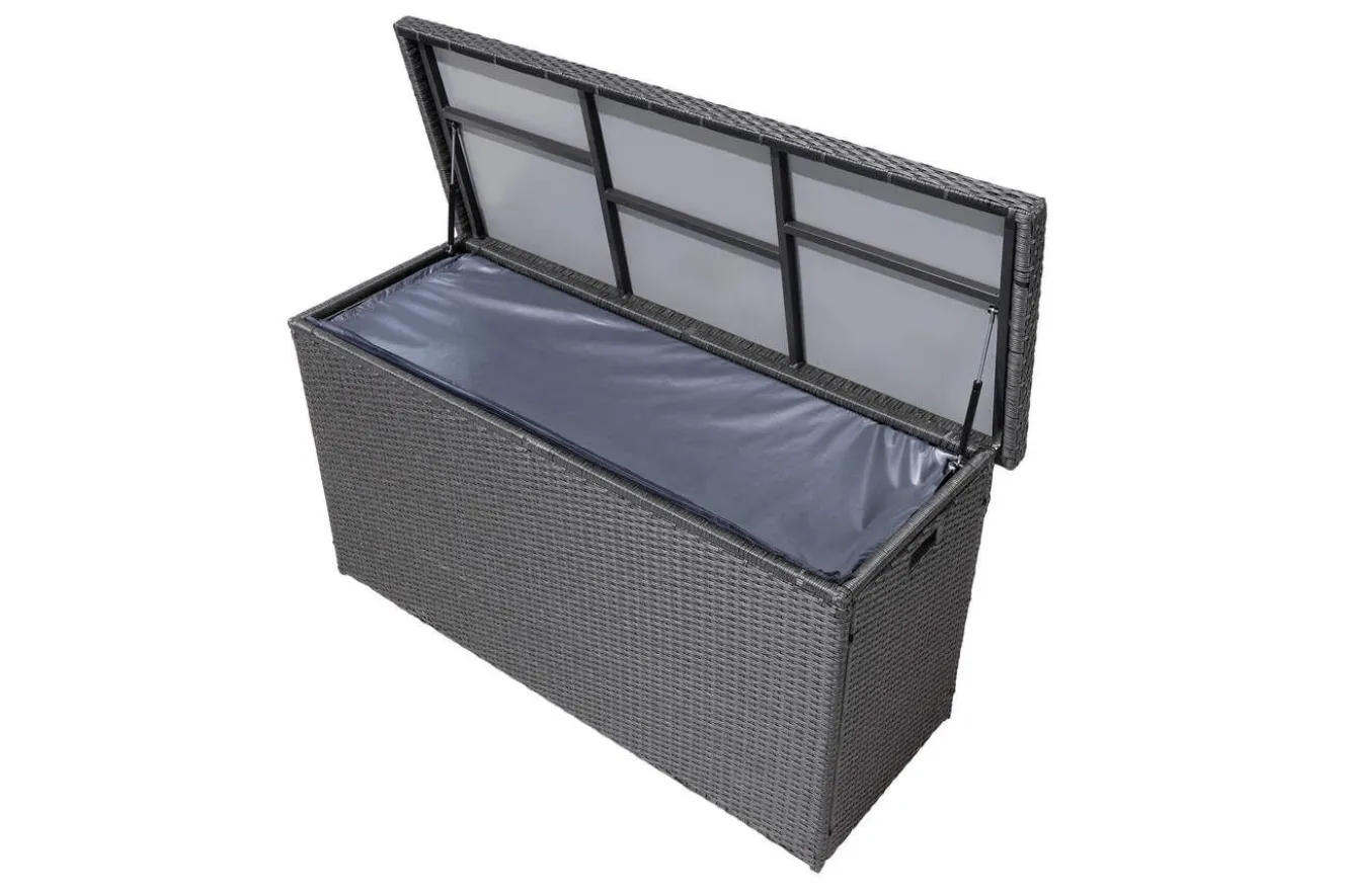 OUTFLEXX Rocking Kissenbox, grau/braun-meliert, Polyrattan, 145x58x73 cm, inkl. Inlay