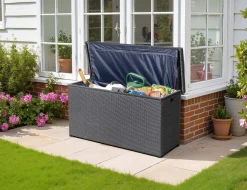 OUTFLEXX Rocking Kissenbox, grau/braun-meliert, Polyrattan, 145x58x73 cm, inkl. Inlay