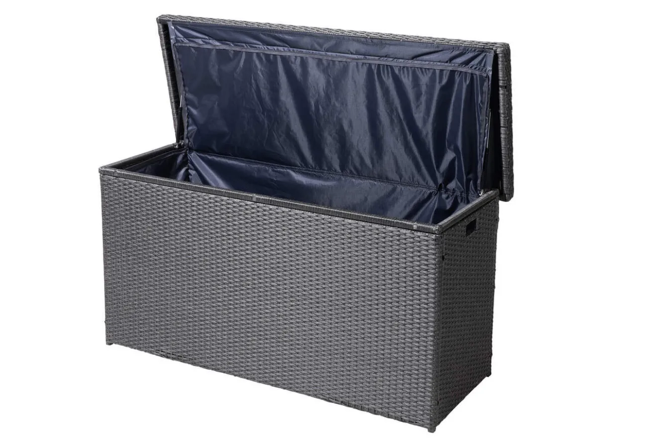 OUTFLEXX Rocking Kissenbox, grau/braun-meliert, Polyrattan, 145x58x73 cm, inkl. Inlay