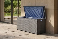OUTFLEXX Rocking Kissenbox, grau/braun-meliert, Polyrattan, 145x58x73 cm, inkl. Inlay