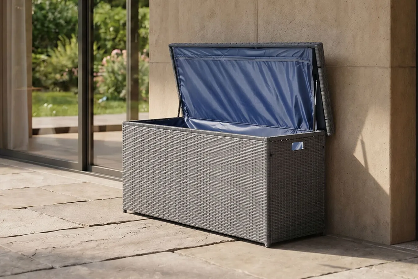OUTFLEXX Rocking Kissenbox, grau/braun-meliert, Polyrattan, 145x58x73 cm, inkl. Inlay