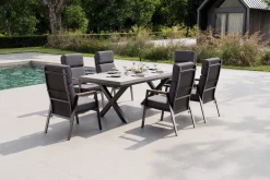 OUTFLEXX Serro Garten-Essgruppe, schwarz/anthrazit, Alu/Steinimitat/Teak, Tisch 200/260 x 100 cm, ausziehbar, 6 Stapelsessel