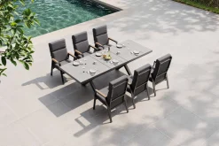 OUTFLEXX Serro Garten-Essgruppe, schwarz/anthrazit, Alu/Steinimitat/Teak, Tisch 200/260 x 100 cm, ausziehbar, 6 Stapelsessel