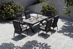 OUTFLEXX Serro Garten-Essgruppe, schwarz/anthrazit, Alu/Steinimitat/Teak, Tisch 200/260 x 100 cm, ausziehbar, 6 Stapelsessel