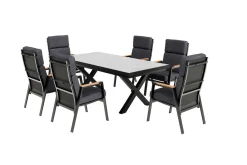 OUTFLEXX Serro Garten-Essgruppe, schwarz/anthrazit, Alu/Steinimitat/Teak, Tisch 200/260 x 100 cm, ausziehbar, 6 Stapelsessel