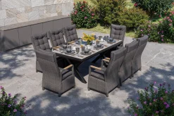OUTFLEXX Serro Garten-Essgruppe, schwarz/anthrazit/grau, Alu/Polyrattan/Steinimitat, 200/260 x 100 cm, 8 Diningsessel, FSC®-zertifiziert, ausziehbar