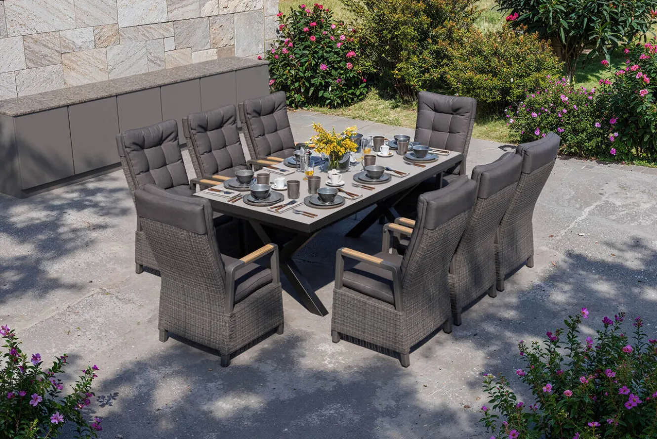 OUTFLEXX Serro Garten-Essgruppe, schwarz/anthrazit/grau, Alu/Polyrattan/Steinimitat, 200/260 x 100 cm, 8 Diningsessel, FSC®-zertifiziert, ausziehbar