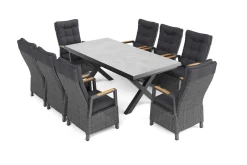 OUTFLEXX Serro Garten-Essgruppe, schwarz/anthrazit/grau, Alu/Polyrattan/Steinimitat, 200/260 x 100 cm, 8 Diningsessel, FSC®-zertifiziert, ausziehbar