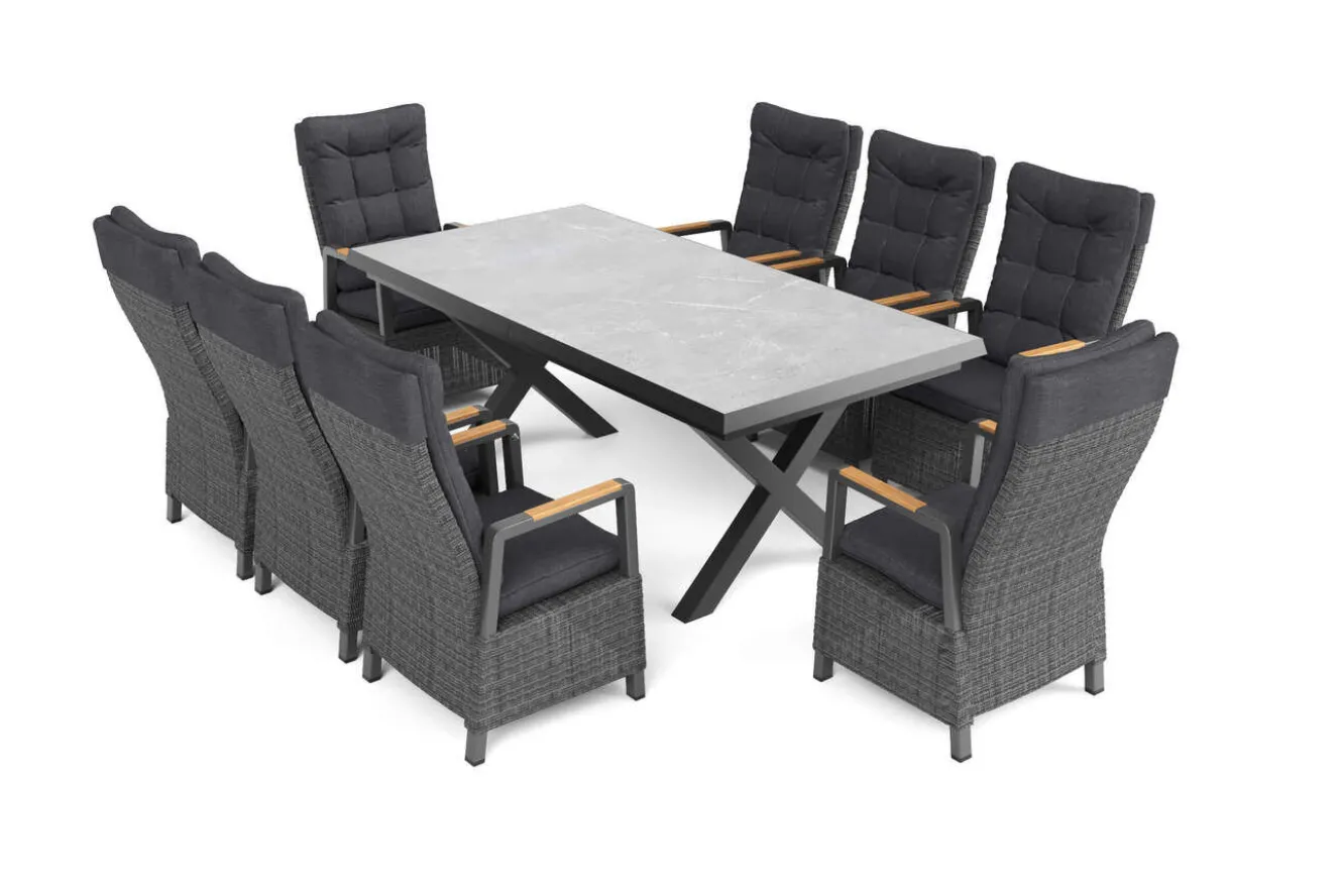 OUTFLEXX Serro Garten-Essgruppe, schwarz/anthrazit/grau, Alu/Polyrattan/Steinimitat, 200/260 x 100 cm, 8 Diningsessel, FSC®-zertifiziert, ausziehbar